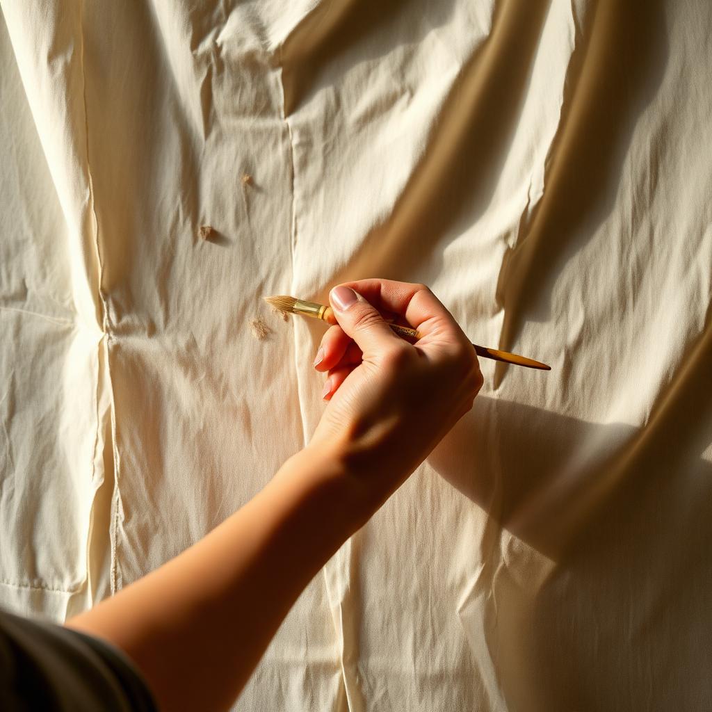 An artisan's hand painting on stretched silk with a fine brush